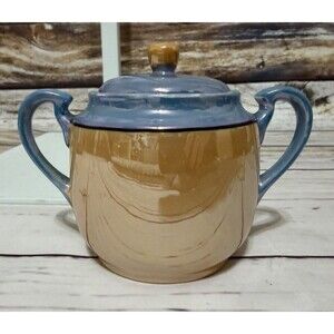 Vintage Peach Blue Lusterware Sugar Bowl With Lid